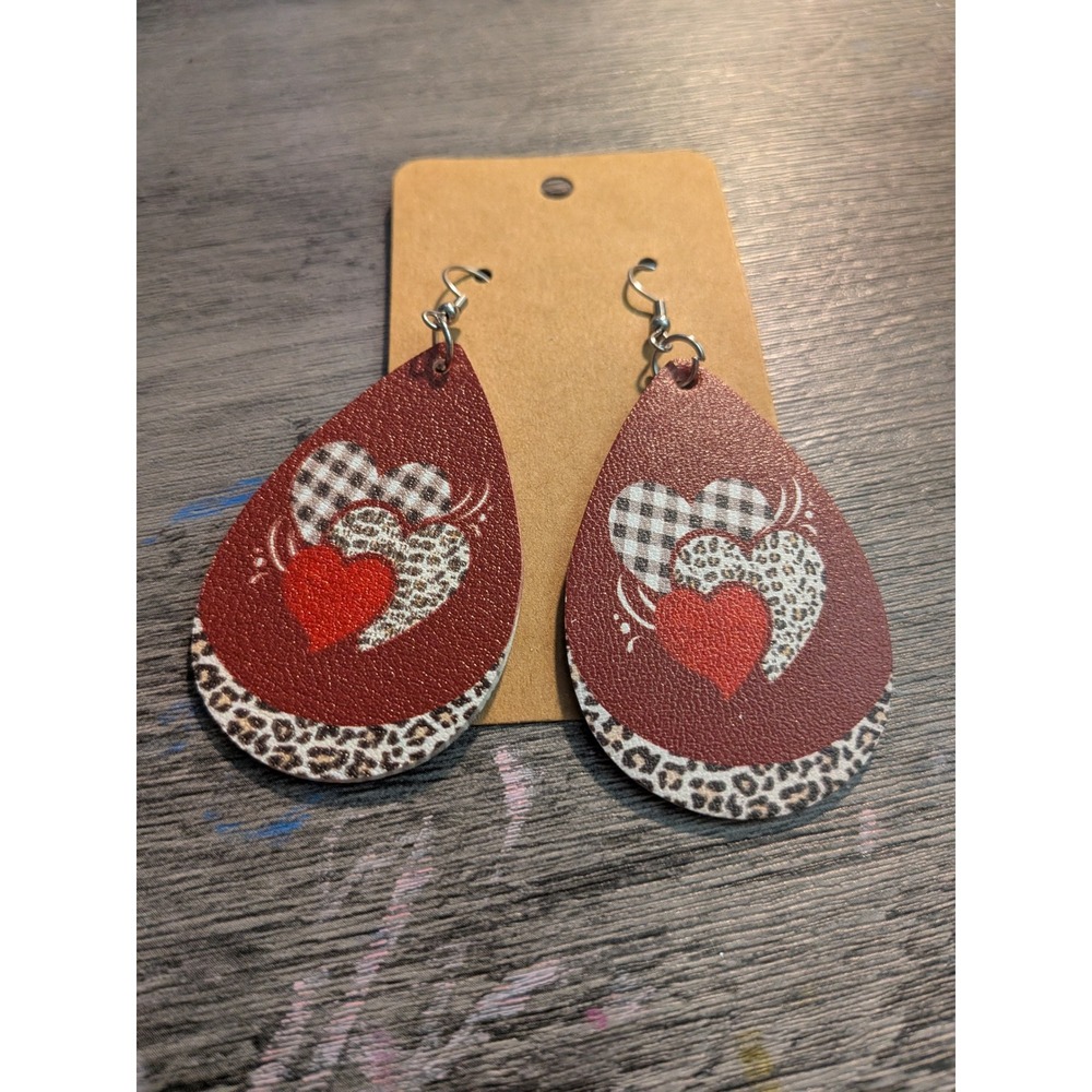 Faux Leather Teardrop Heart Earrings Leopard Plaid Red Burgundy Dangle Festive